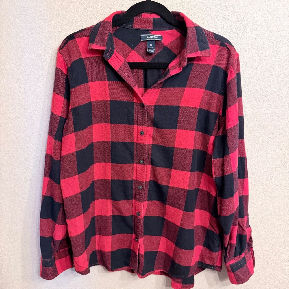 Lands End Womens Red Black Buffalo Plaid Flannel Button Down Shirt Size 12